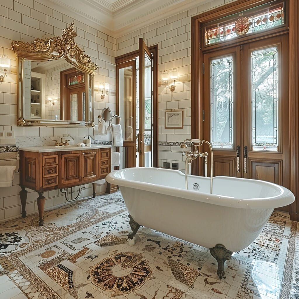 Badezimmer im Jugendstil mit freistehender Badewanne, verziertem Spiegel, Holzdetails und kunstvollem Mosaikboden.