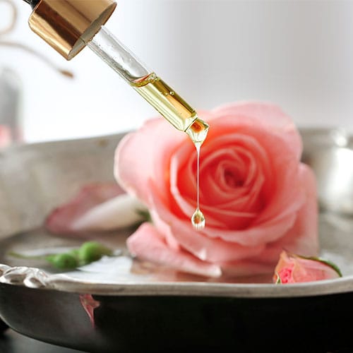 Rosenöl tropft aus einer Pipette in eine Schale mit einer Rose im Hintergrund.