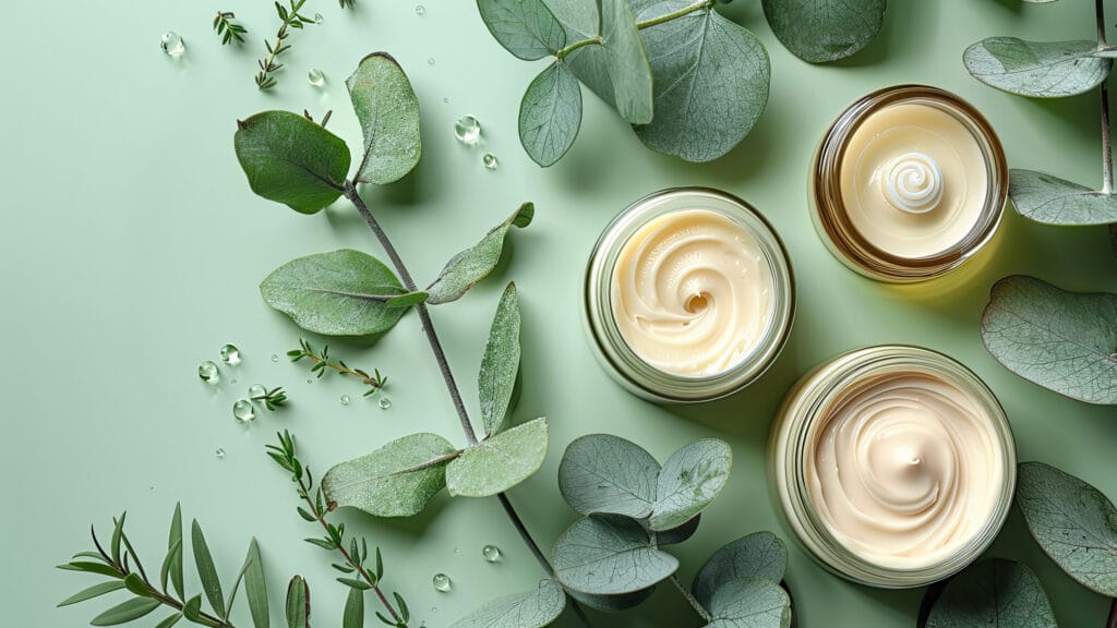 Drei Glastiegel mit Creme auf grünem Hintergrund, umgeben von frischen Eukalyptusblättern und Wassertröpfchen.