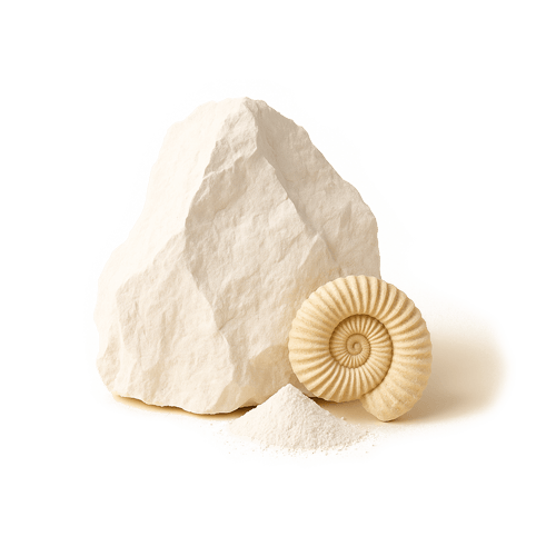 Heller Kreidestein mit kleiner Ammonit-Fossilie und etwas feinem Pulver davor auf weißem Hintergrund.