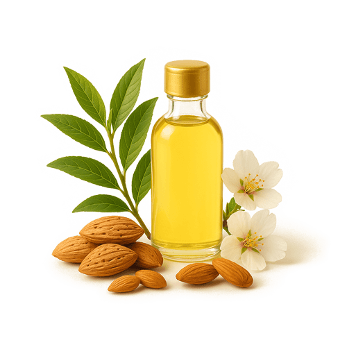 Mandelöl in einer Glasflasche mit Mandeln im Vordergrund