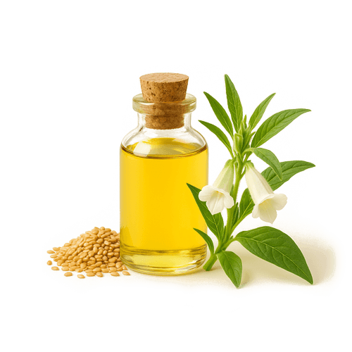 Sesamöl in einem Glasfläschchen mit Korken. Daneben liegen Sesamsamen