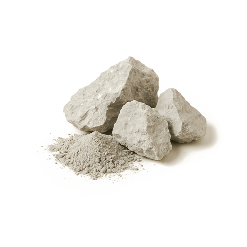 Isoliertes Bild von drei Brocken Zeolith mit Zeolithpulver davor.